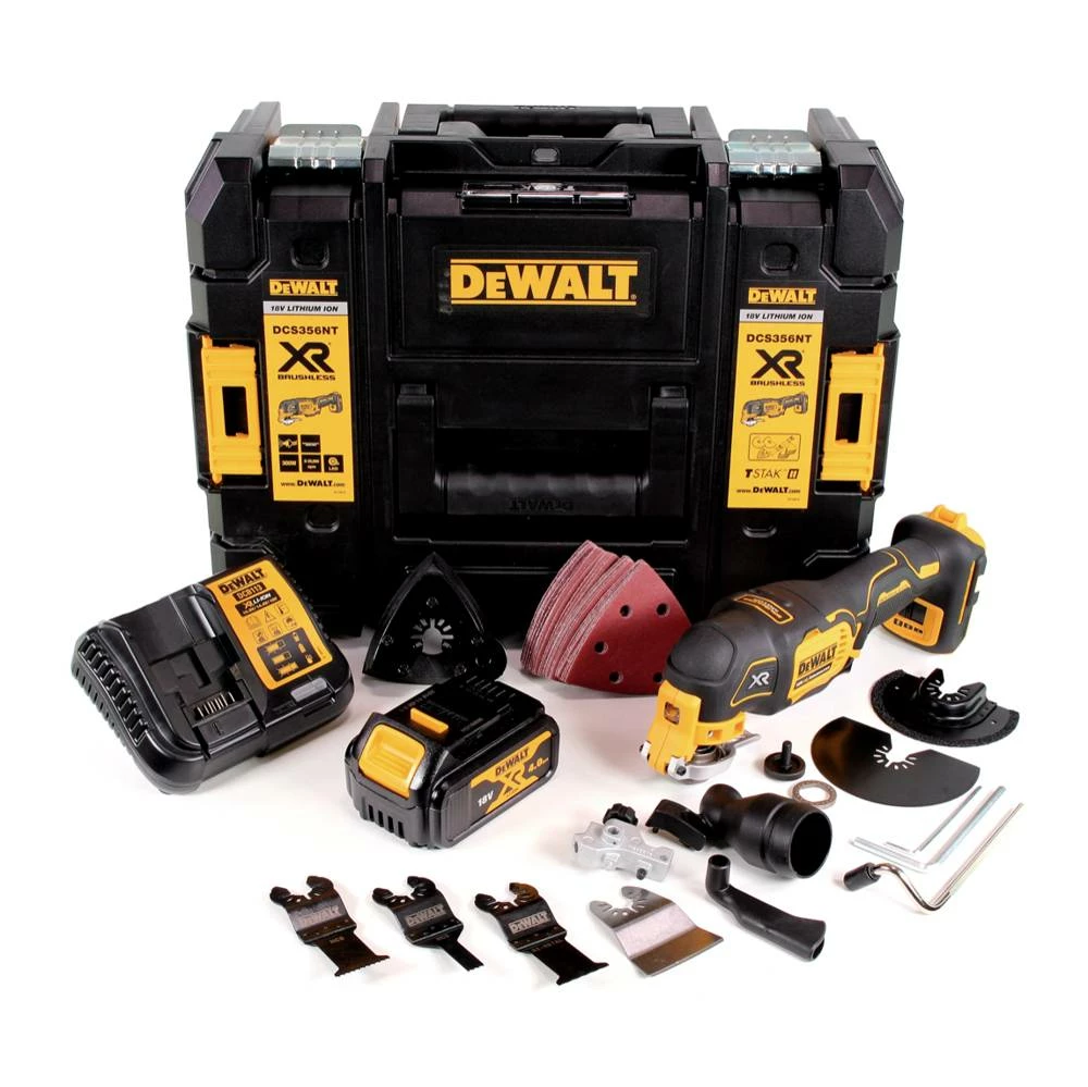 DeWalt DCS 356 M1 Akku Multitool 18V Brushless + 35tlg. Zubehör + 1x Akku 4,0Ah + Ladegerät + TSTAK 1 DeWalt DCS 356 M1 Akku Multitool 18V Brushless + 35tlg. Zubehör + 1x Akku 4,0Ah + Ladegerät + TSTAK