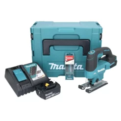 Makita DJV 184 RT1J Akku Stichsäge 18 V Brushless + 1x Akku 5,0 Ah + Ladegerät + 5 Tlg. Stichsägeblatt Set + Makpac