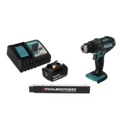 Makita Toolbrothers Gliedermaßstab + DHP 482 RF1 Akku Schlagbohrschrauber 18 V 62 Nm + 1x Akku 3,0 Ah + Ladegerät