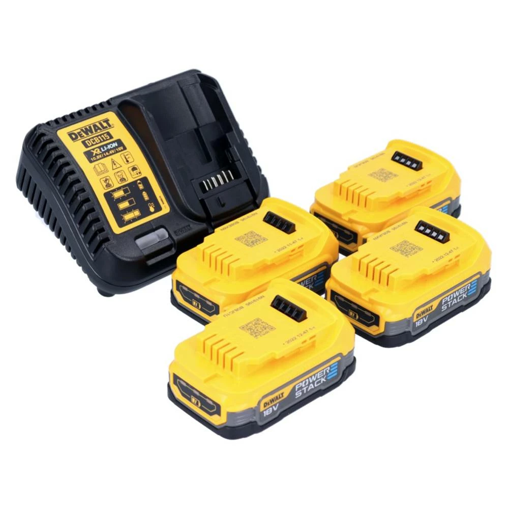 DeWalt Akku Starter Set 18 V DCB 115 E4 4x Powerstack Akku 1,7 Ah + DCB 115 XR Ladegerät 1 DeWalt Akku Starter Set 18 V DCB 115 E4 4x Powerstack Akku 1,7 Ah + DCB 115 XR Ladegerät