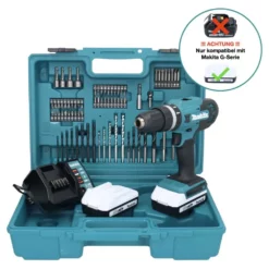 Makita HP 488 DAEX1 Akku Schlagbohrschrauber 18 V 42 Nm G-Serie + 2x Akku 2,0 Ah + Ladegerät + 74 Tlg. Zubehörset + Koffer